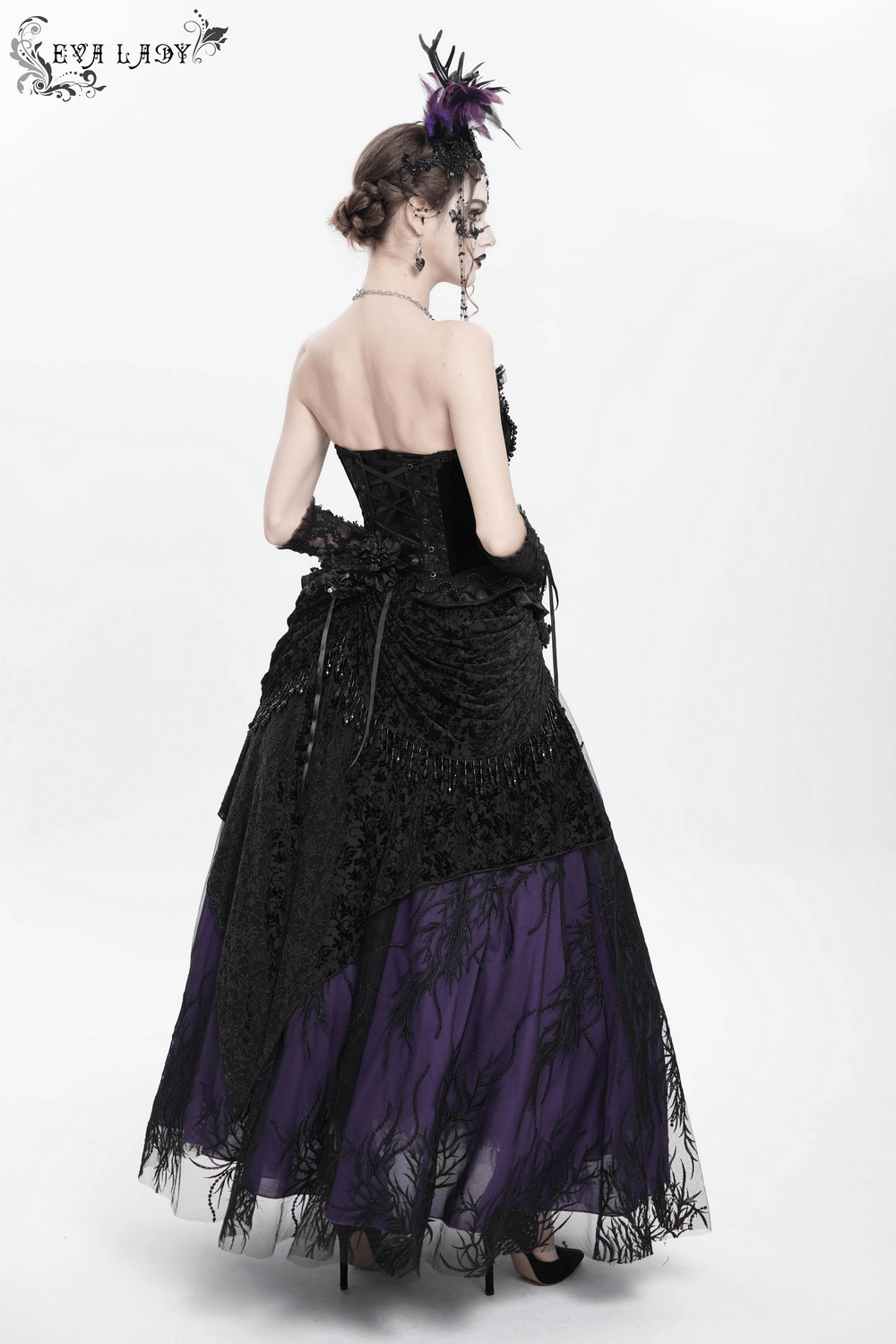 Gothic black and purple lace skirt featuring floral appliqué and elegant draping, perfect for Victorian and dark fashion styles.