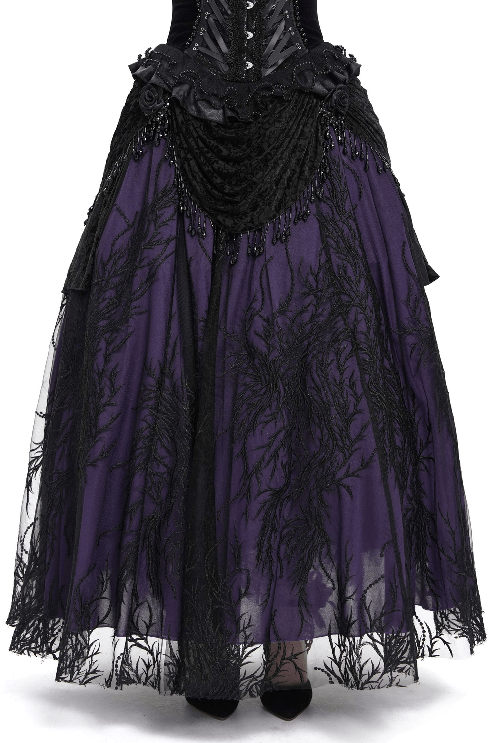 Gothic Victorian beaded overlay skirt in deep purple with black lace, velvet draping, and floral appliqué details.