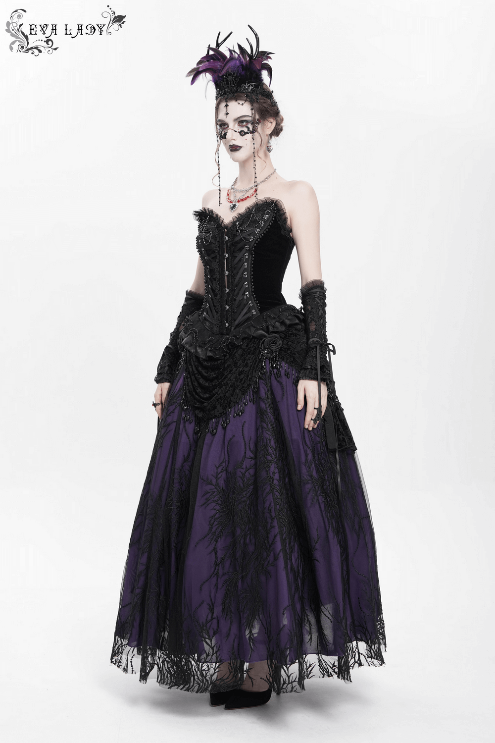 Gothic Victorian beaded overlay skirt in deep purple with floral appliqué and black lace, perfect for dark fashion events.