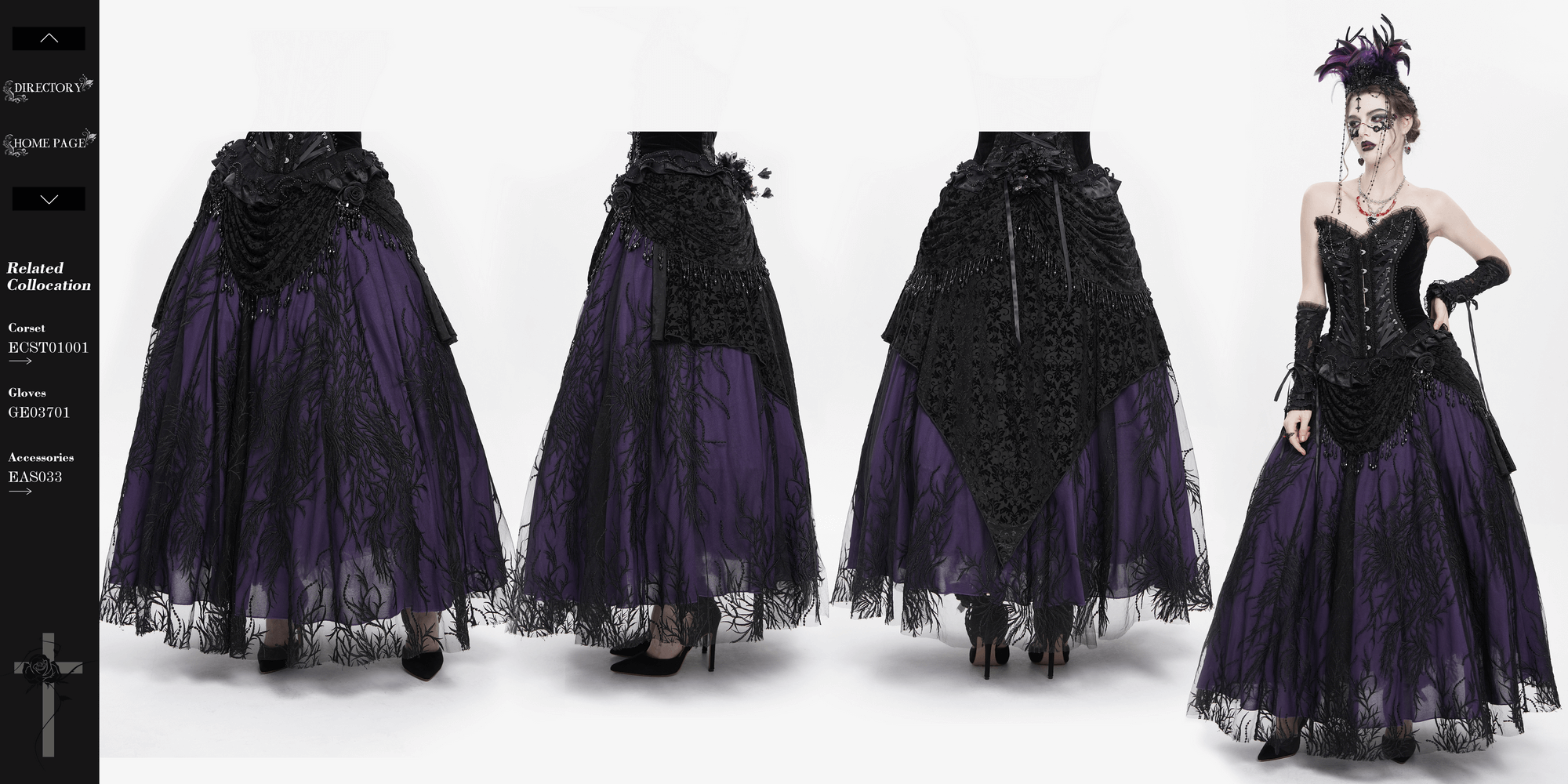Victorian beaded overlay skirt in deep purple with black lace and floral appliques, perfect for gothic fashion.