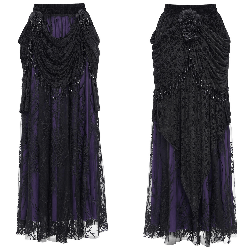 Victorian beaded overlay skirt featuring black and purple lace, floral appliqués, and dramatic velvet draping.