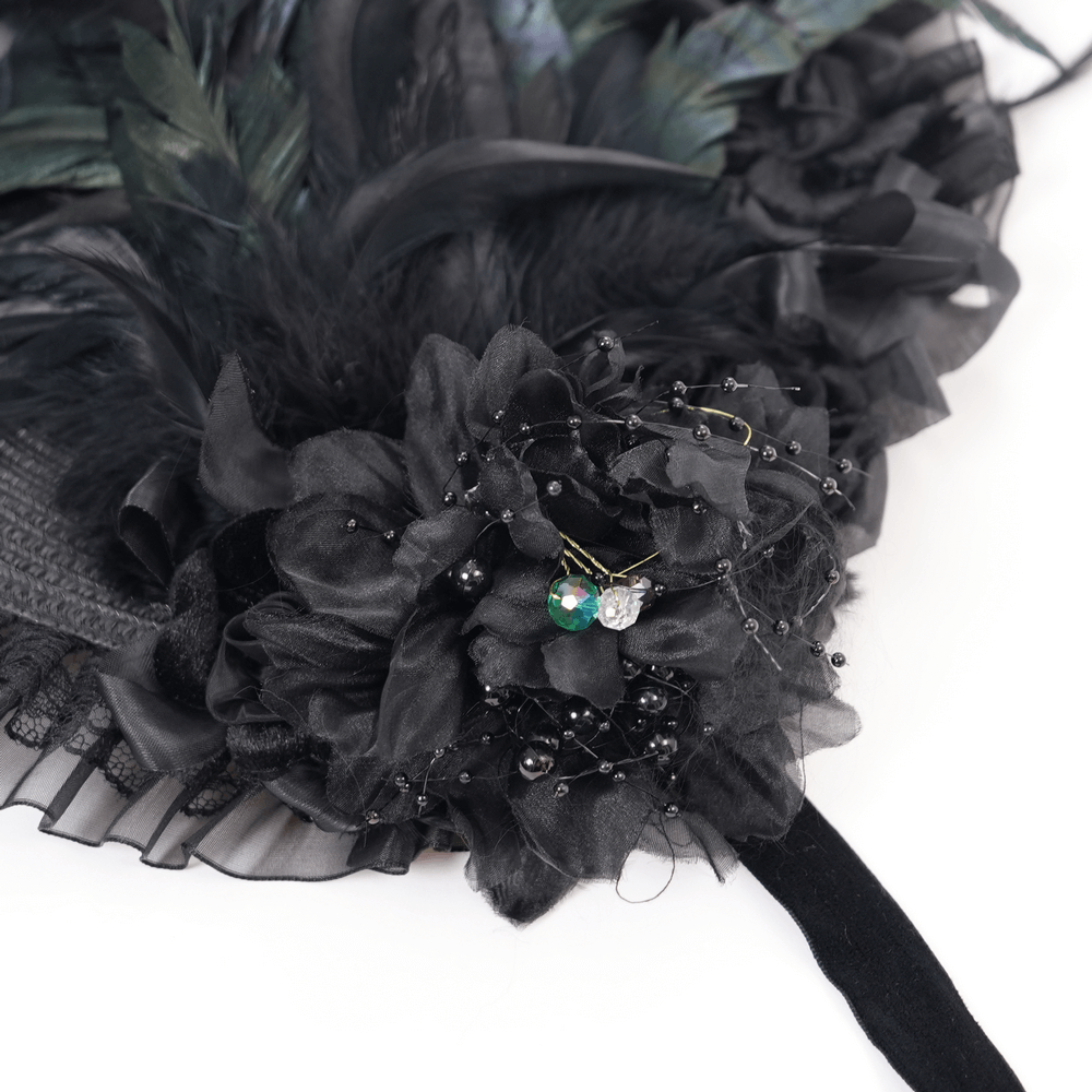 Victorian black feather bonnet adorned with ruffled trim and elegant floral embellishments, ideal for gothic and steampunk styles.