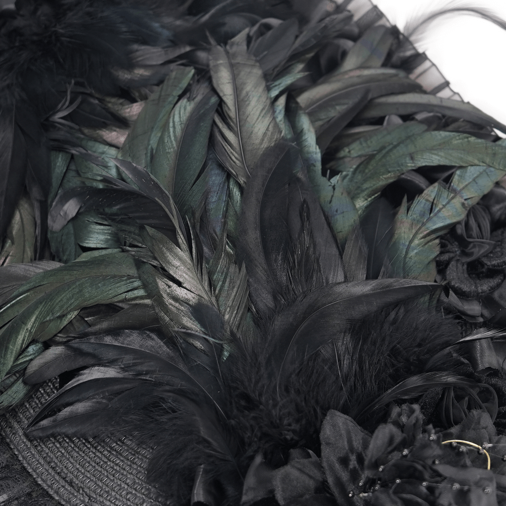 Close-up of luxurious black feathers on a Victorian bonnet, showcasing intricate textures and gothic elegance.