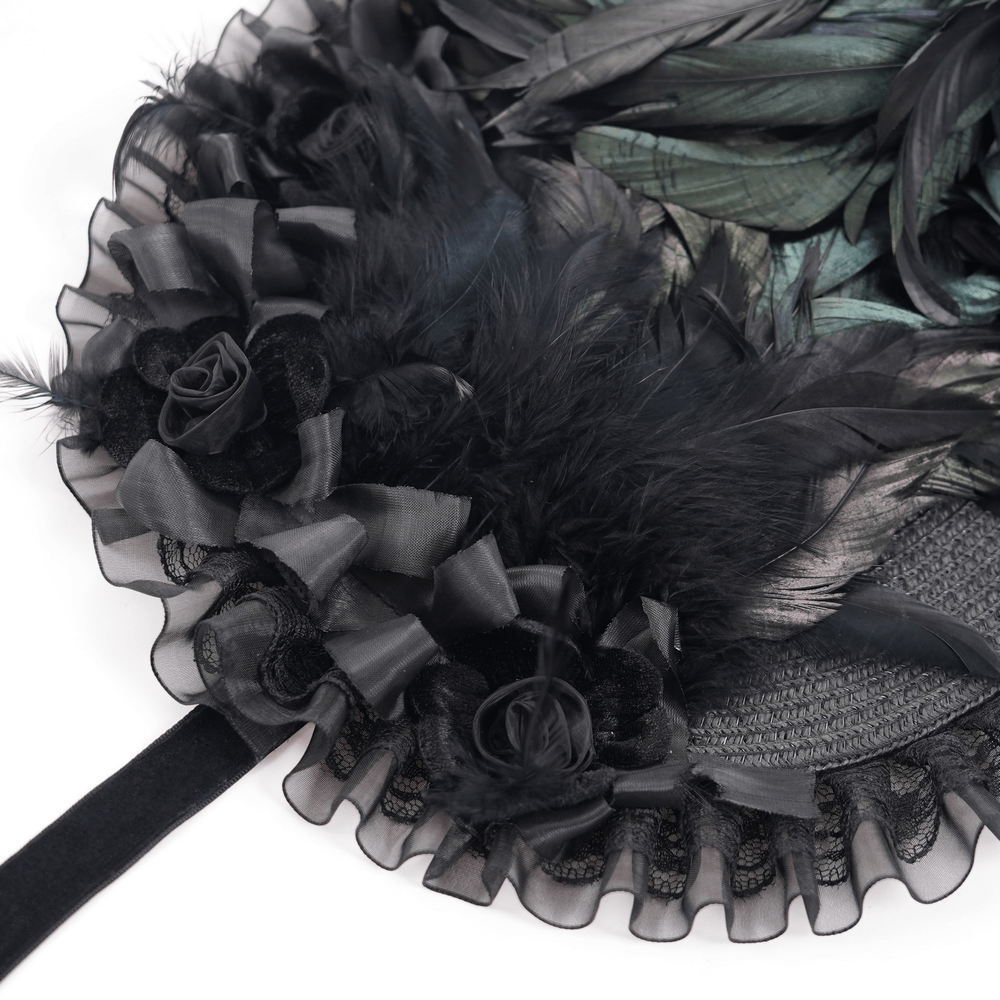 Elegant Victorian black feather bonnet with ruffled trim and velvet ribbon ties, perfect for gothic and steampunk fashion.