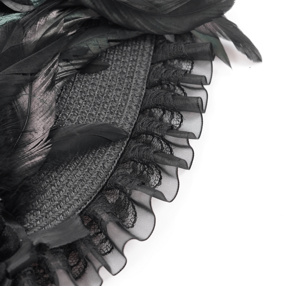 Close-up of Victorian black feather bonnet showcasing intricate feathers and ruffled trim for gothic elegance.