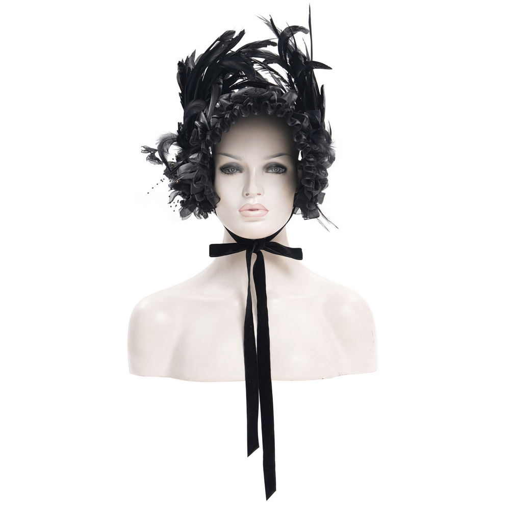 Elegant Victorian black feather bonnet with ribbon ties, perfect for gothic and steampunk costumes.