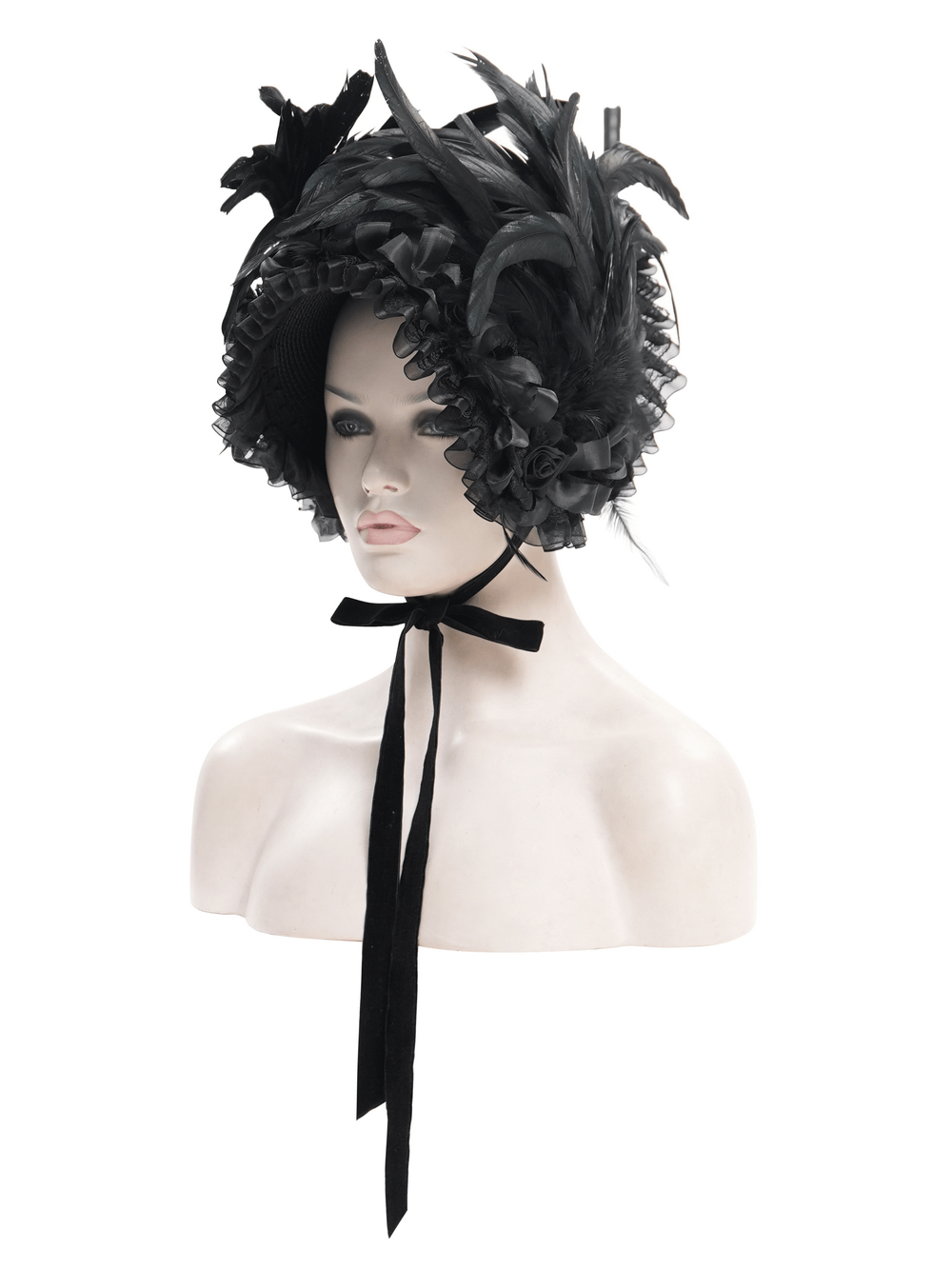 Elegant Victorian black feather bonnet with ruffled trim and velvet ribbon ties displayed on a mannequin.