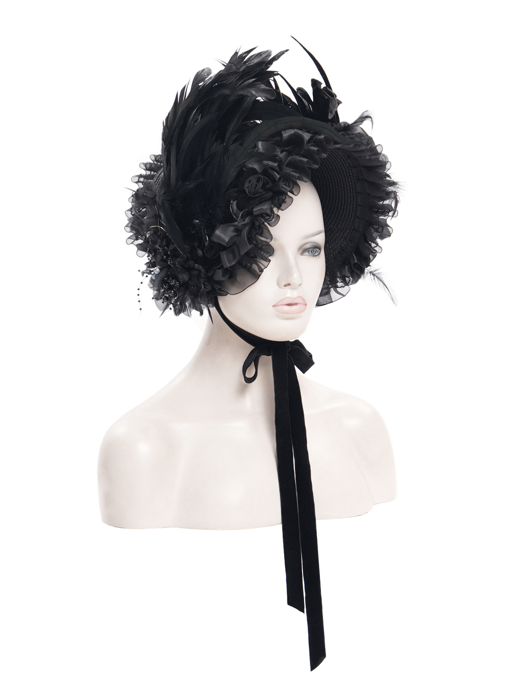 Elegant Victorian black feather bonnet with ribbon ties and ruffled trim, perfect for gothic and steampunk styles.