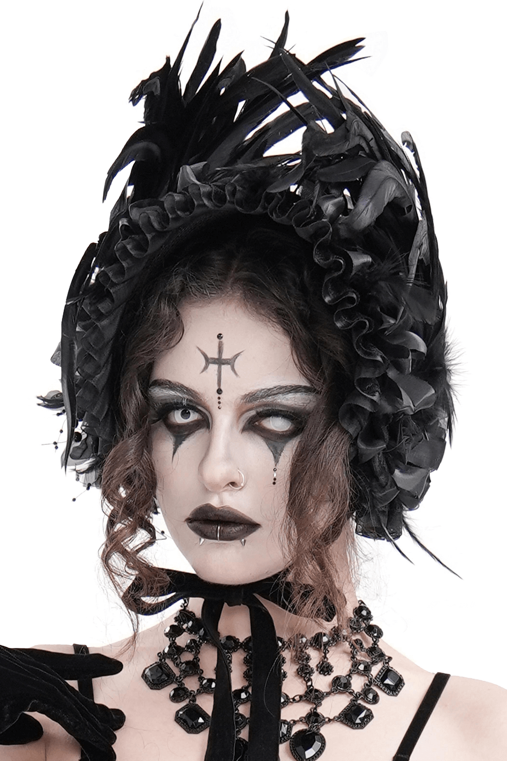 Elegant Victorian black feather bonnet with ruffled trim and ribbon ties, perfect for gothic and steampunk styles.