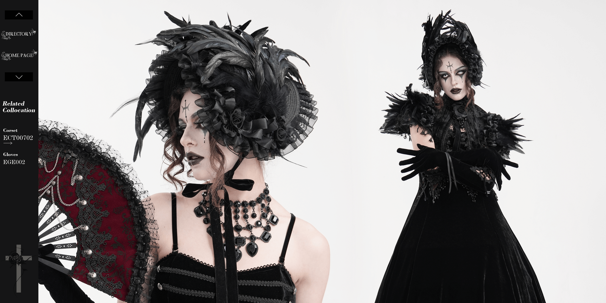 Victorian black feather bonnet with ribbon ties, paired with gothic attire and fan for dramatic flair.