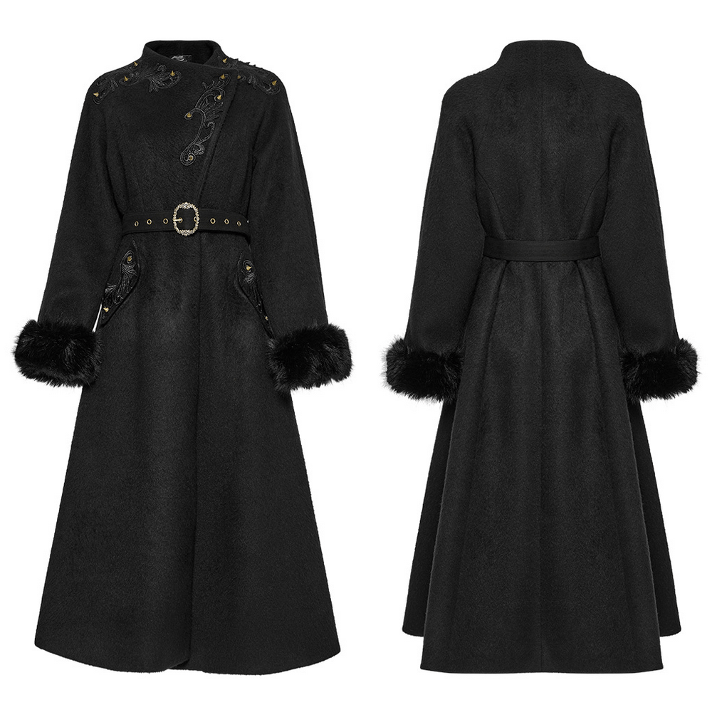 Victorian black long coat with belt, fur cuffs, ornate appliques, and studs for gothic style.