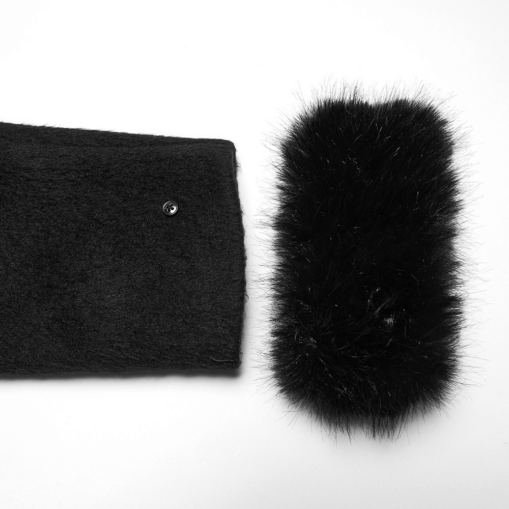 Gothic black coat cuffs: plush fabric with detachable fur accents for an aristocratic look.