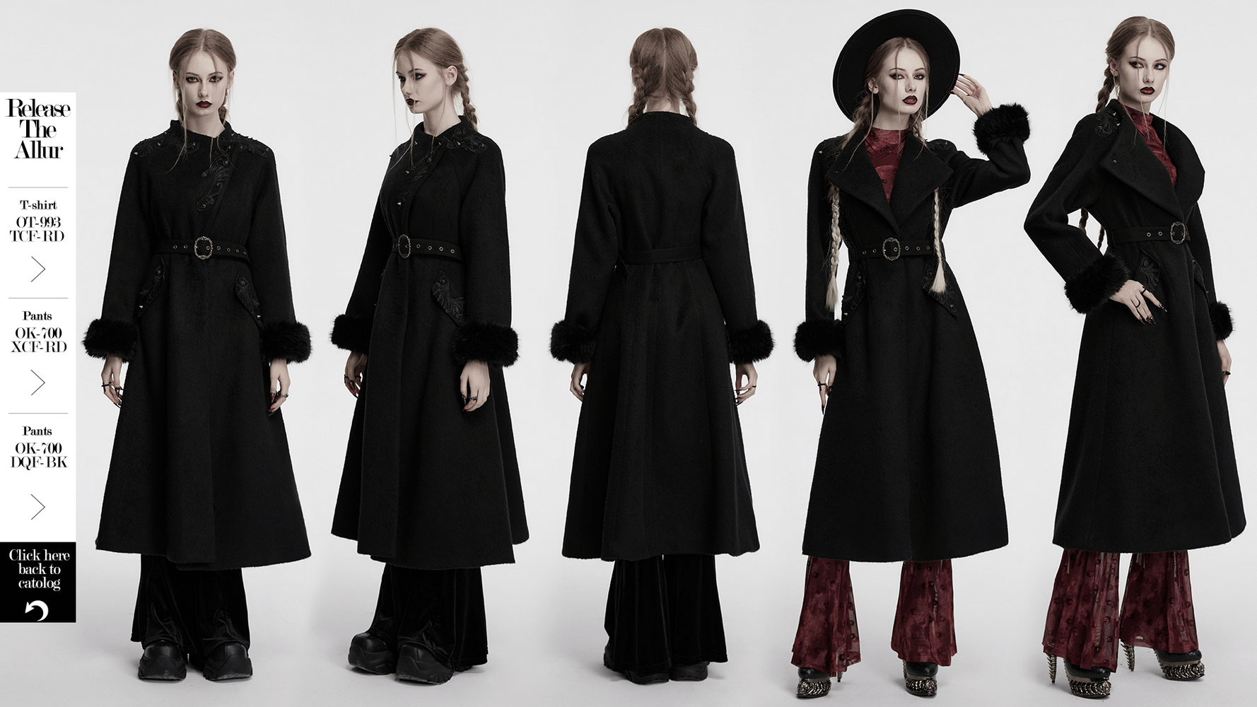 Victorian black long coat with belt and fur cuffs, showcasing gothic style and ornate baroque appliques.