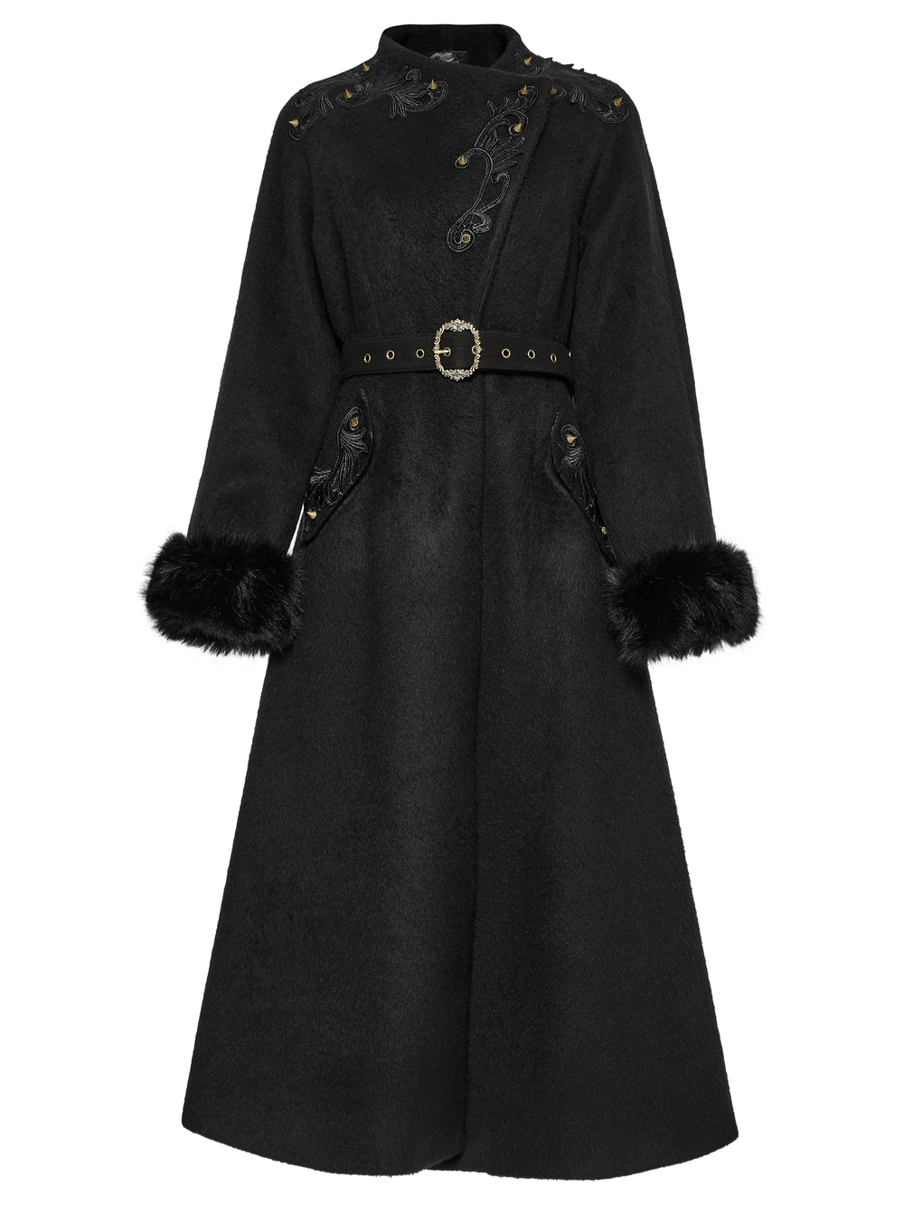 Victorian black long coat with fur cuffs, ornate appliques, and vintage-style belt, perfect for gothic elegance.