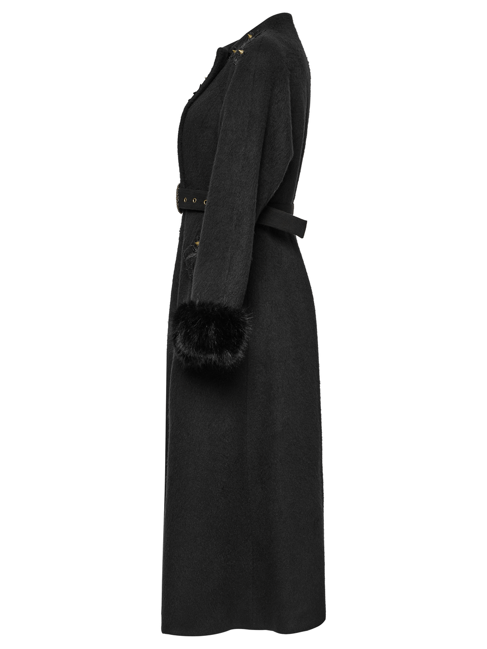 Victorian black long coat with belt and fur cuffs, featuring ornate appliques and gothic studs.