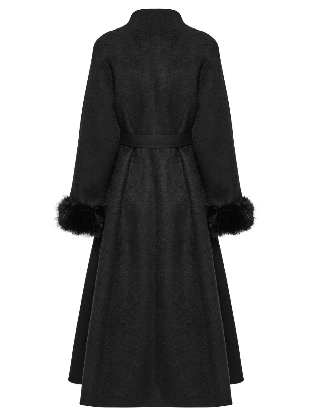 Victorian black long coat with a belt and fur cuffs, showcasing a gothic style back view with exquisite detailing.