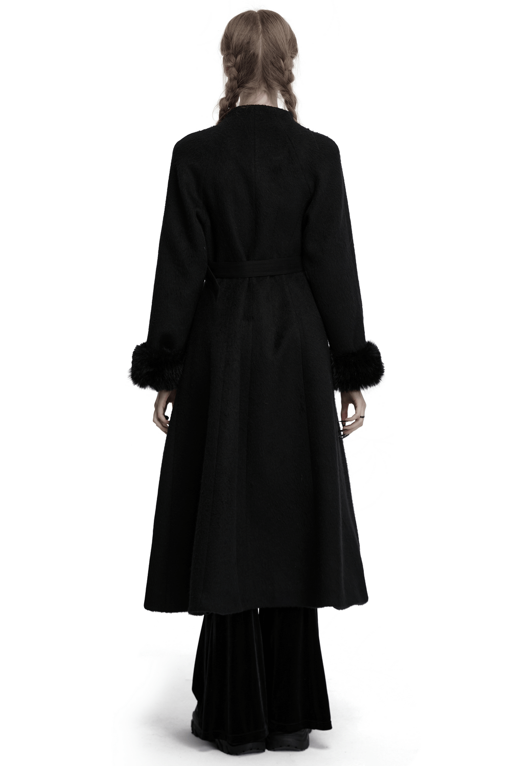 Back view of Victorian black long coat with belt and fluffy cuffs, perfect for gothic winter fashion.