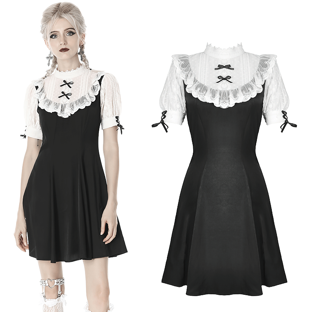 Victorian black and white midi dress with gothic puff sleeves and lace collar, perfect for special occasions.