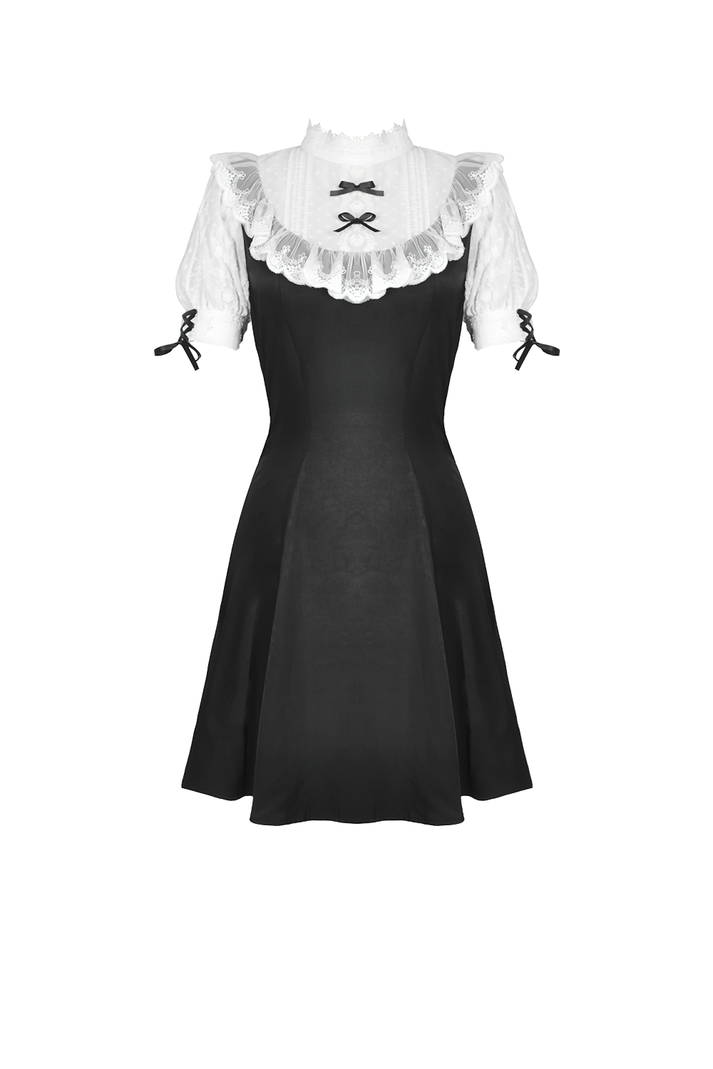 Victorian black white midi dress with lace collar and puff sleeves, perfect for gothic lolita style outfits.