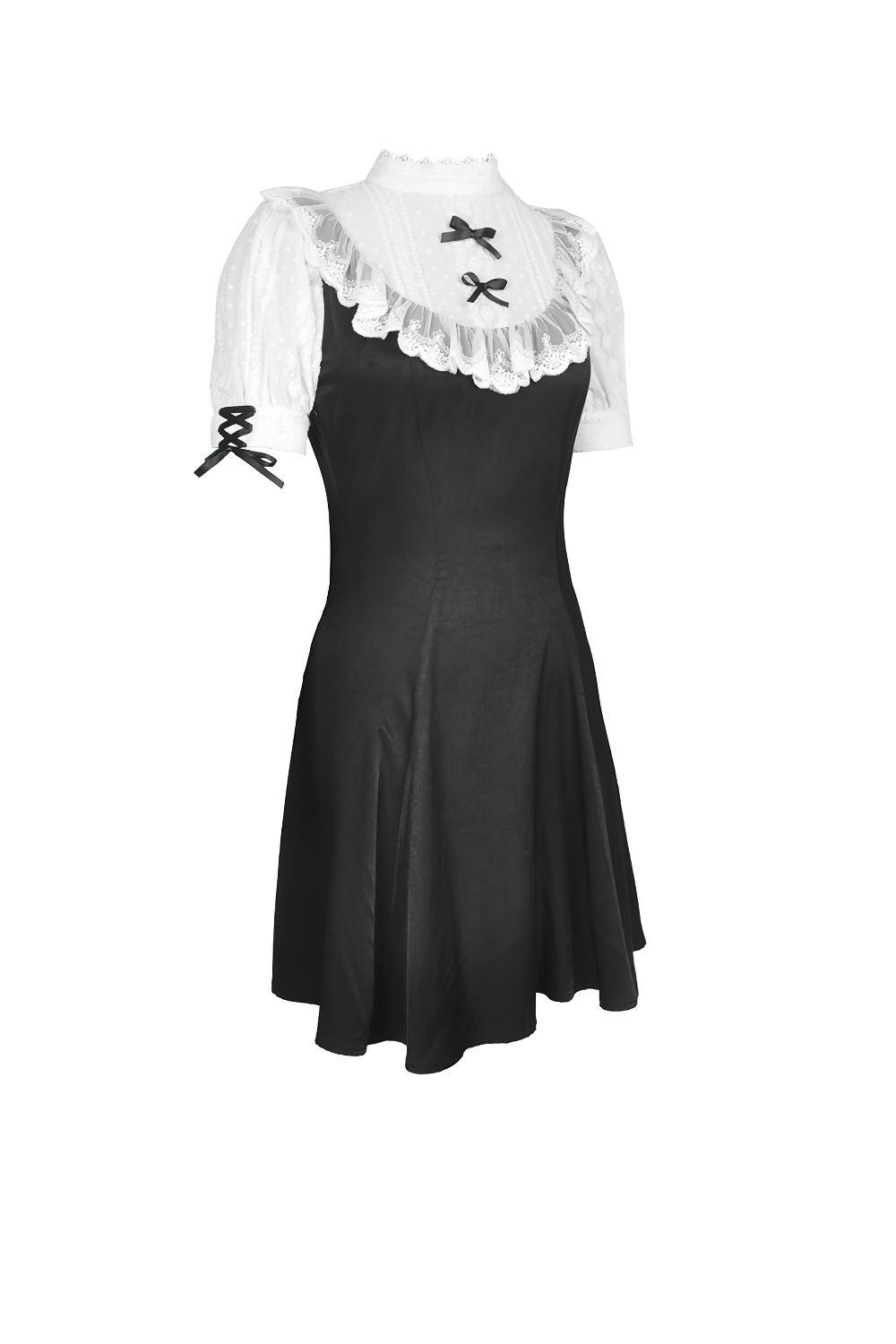 Victorian black and white midi dress with lace collar and puff sleeves, perfect for Gothic Lolita style elegance.