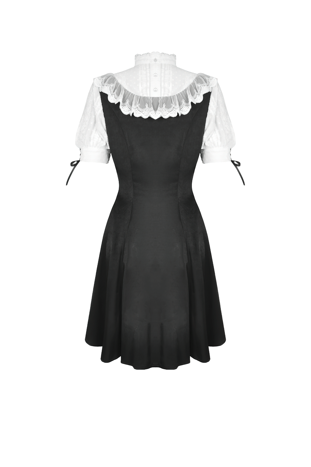 Victorian black white midi dress featuring puff sleeves and lace collar, perfect for Gothic Lolita style lovers.