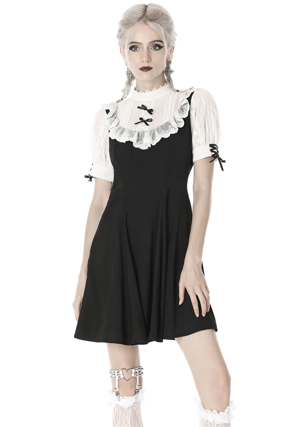 Victorian black white midi dress in Gothic Lolita style with lace collar and puff sleeves, perfect for special occasions.