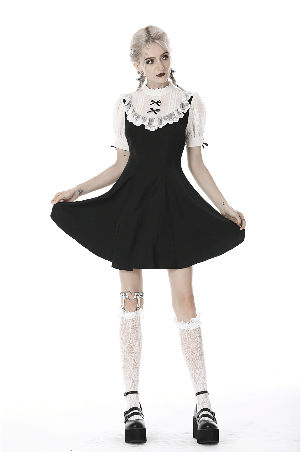 Gothic Lolita black midi dress with puff sleeves and lace collar, perfect for special occasions.