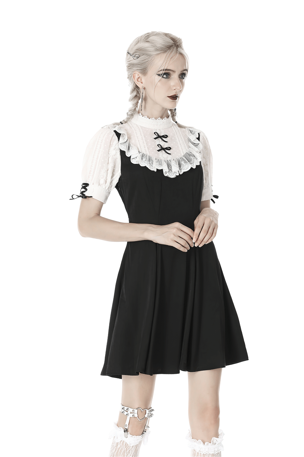 Victorian black and white midi dress with lace collar, perfect for Gothic Lolita style lovers.