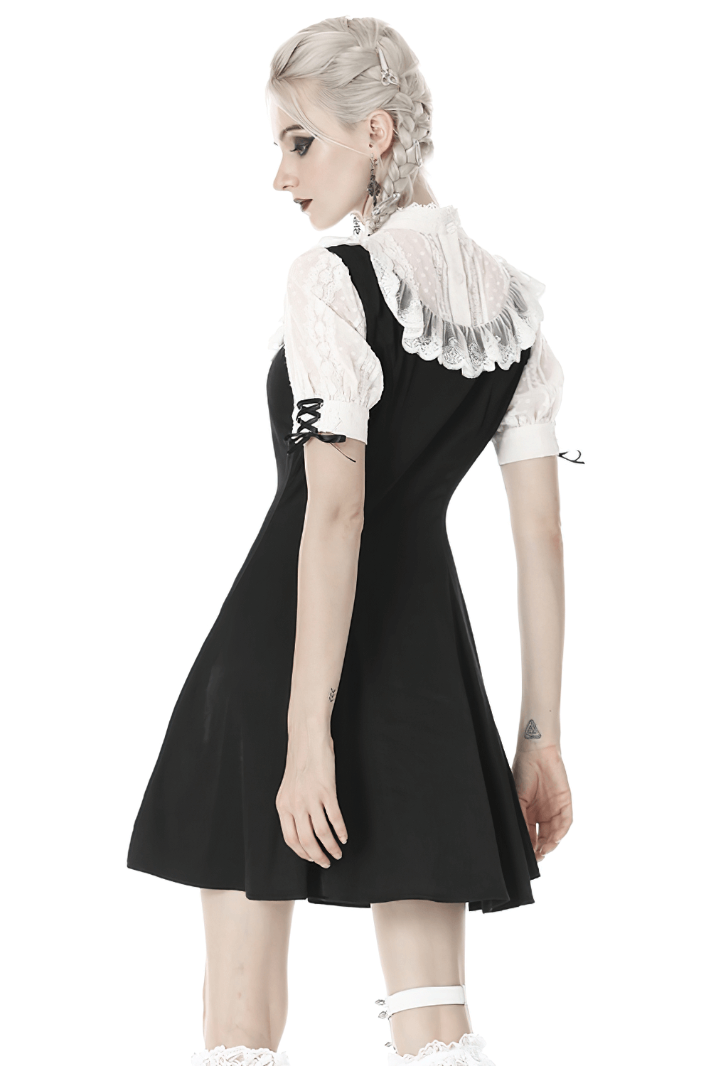 Victorian black and white midi dress with puff sleeves and lace collar, perfect Gothic Lolita style for special occasions.