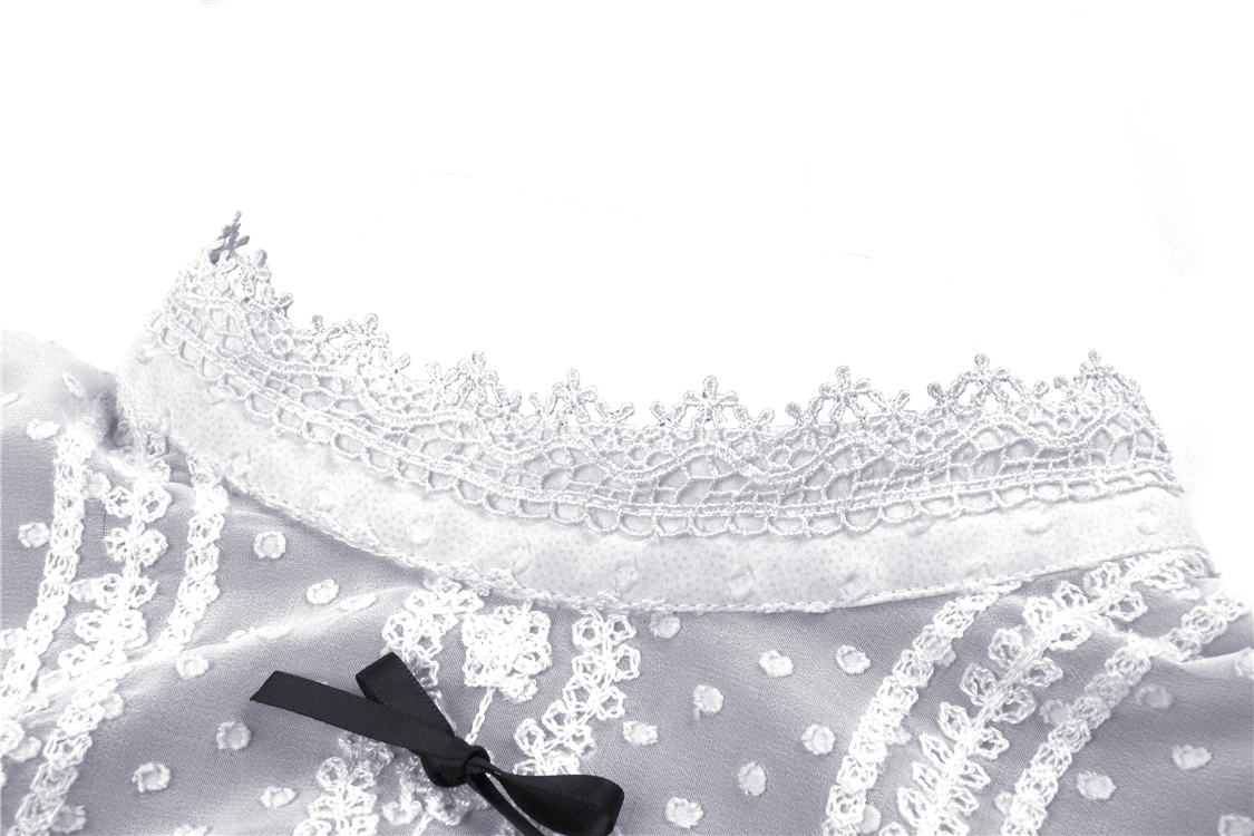 Elegant lace collar with ribbon detail on a whimsical gothic dress, perfect for a Victorian-inspired look.