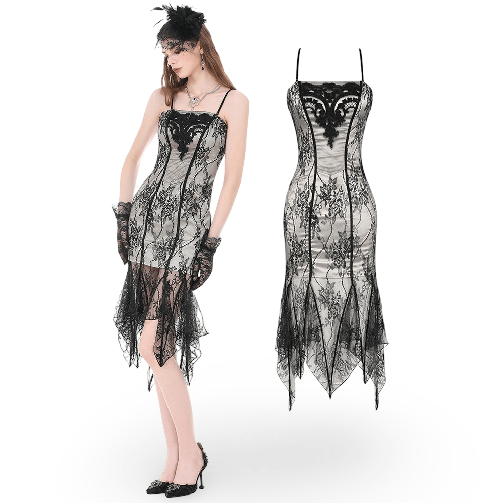 Schwarzes gotisches Spitzenkleid mit hohem-tiefem Saum und Rüschrock