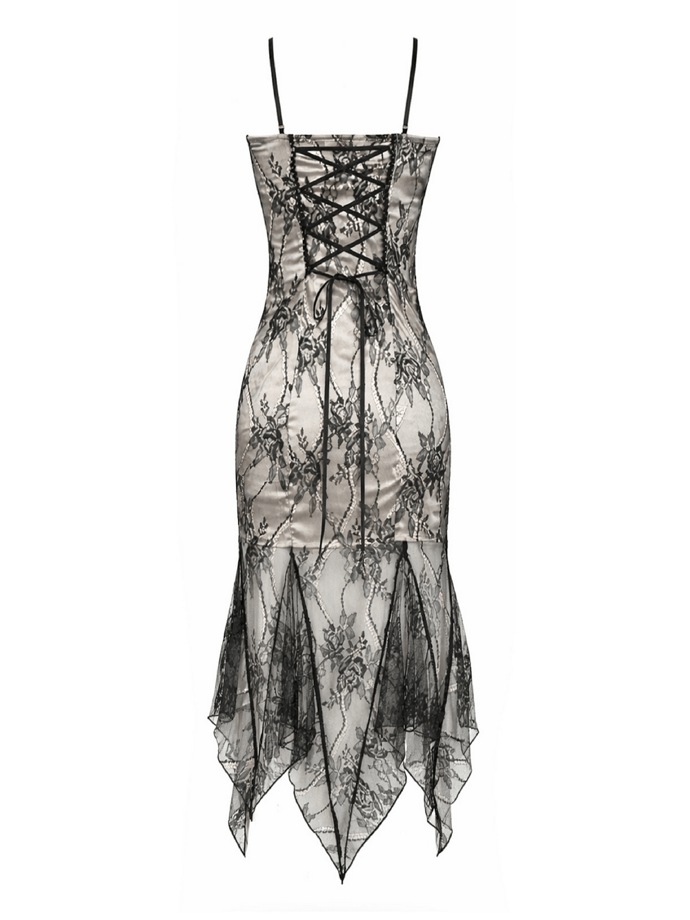 Schwarzes gotisches Spitzenkleid mit hohem-tiefem Saum und Rüschrock