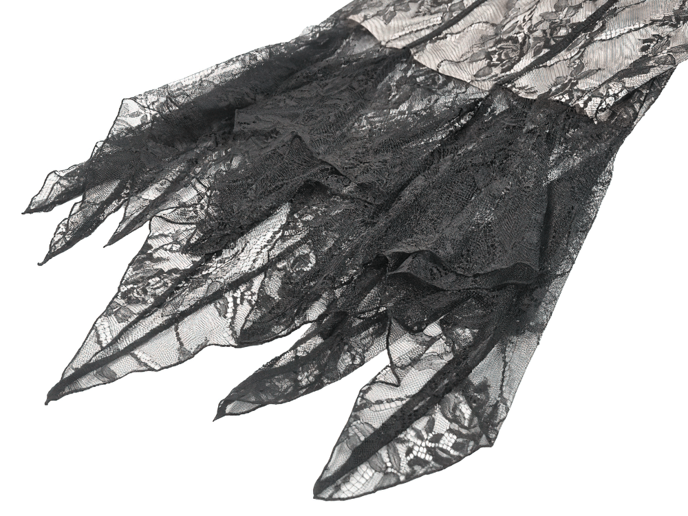 Schwarzes gotisches Spitzenkleid mit hohem-tiefem Saum und Rüschrock