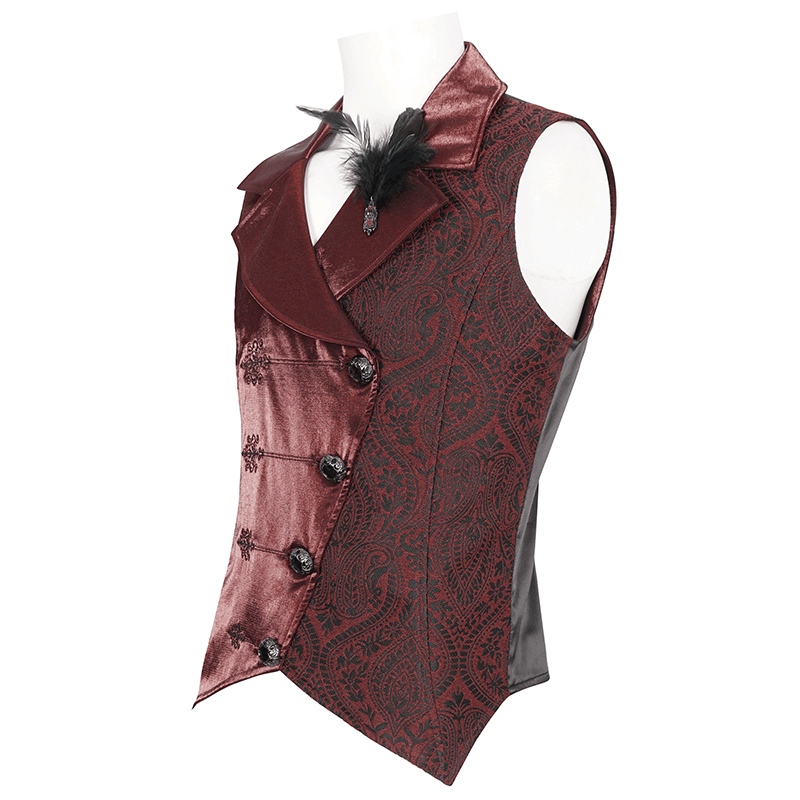Victorian brocade men's waistcoat with feather detail, showcasing vintage elegance and tailored fit.