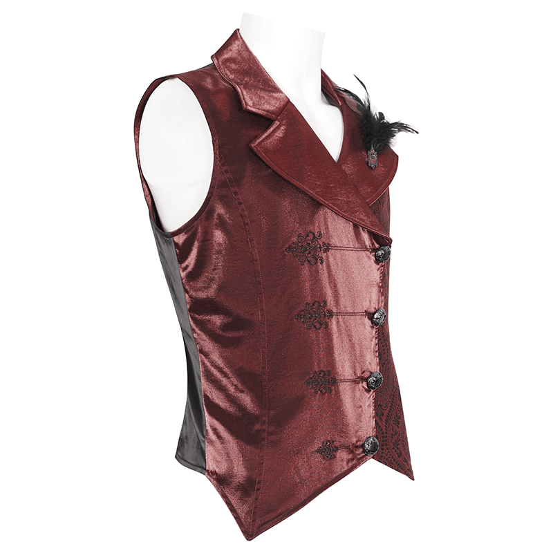 Victorian Brocade Men's Waistcoat in rich burgundy with feather detail and tailored fit for vintage elegance.