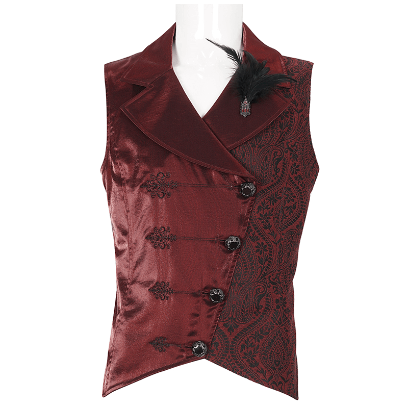 Victorian brocade men's waistcoat in burgundy with feather detail and elegant design.