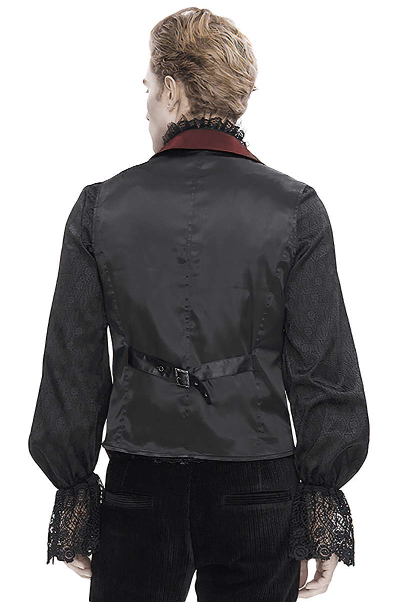 Rear view of a Victorian-inspired waistcoat featuring elegant lace details and a stylish collar.