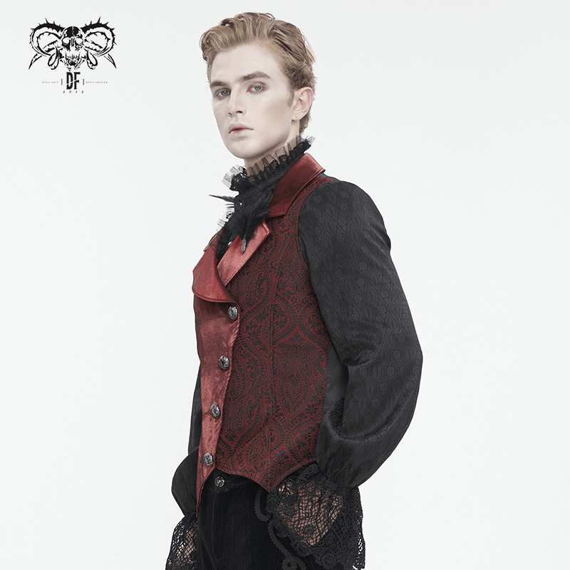 Victorian brocade men's waistcoat with feather detail, showcasing regal elegance and vintage sophistication.