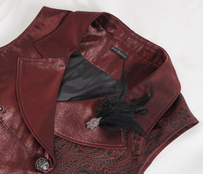Regal Victorian brocade men's waistcoat featuring elegant feather detail and intricate patterns.