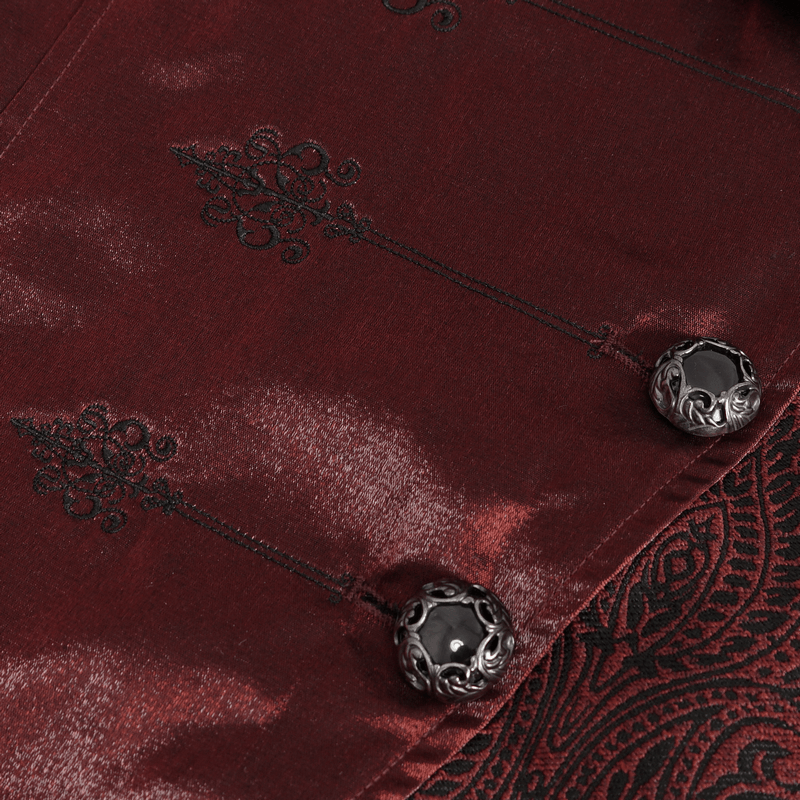 Close-up of Victorian brocade men's waistcoat showing intricate patterns and ornate buttons.
