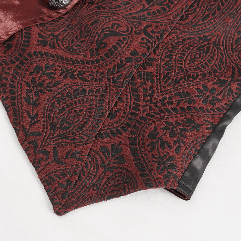 Close-up of Victorian Brocade Men's Waistcoat exhibiting intricate paisley patterns in rich burgundy and black tones.