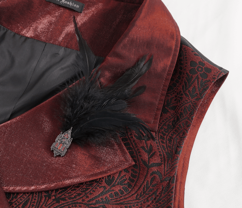 Close-up of a Victorian brocade men's waistcoat with feather detail and intricate patterns.