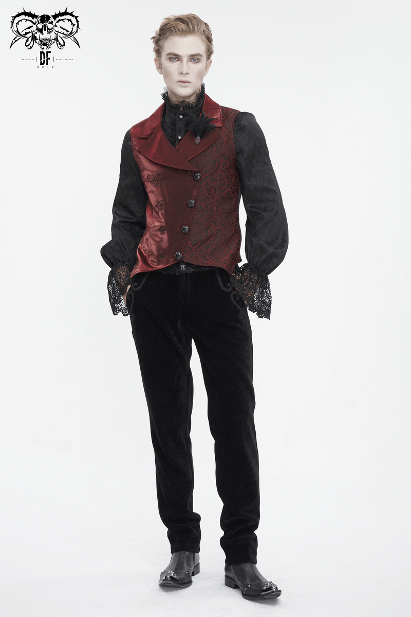 Victorian brocade men's waistcoat with feather detail, showcasing regal elegance and vintage sophistication.