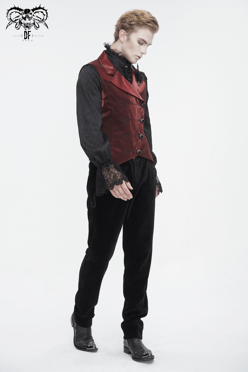 Victorian brocade men's waistcoat with feather detail, showcasing a tail fitted style in rich colors.