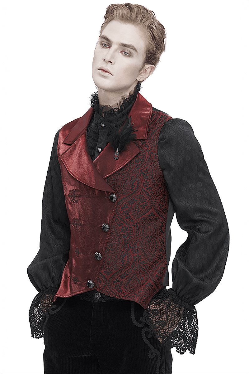 Victorian brocade men's waistcoat with feather detail, featuring a bold red design and elegant black accessories.