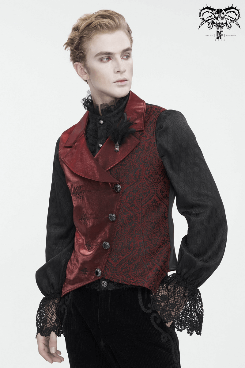 Regal Victorian brocade waistcoat for men with feather detail and elegant black shirt, perfect for vintage style.