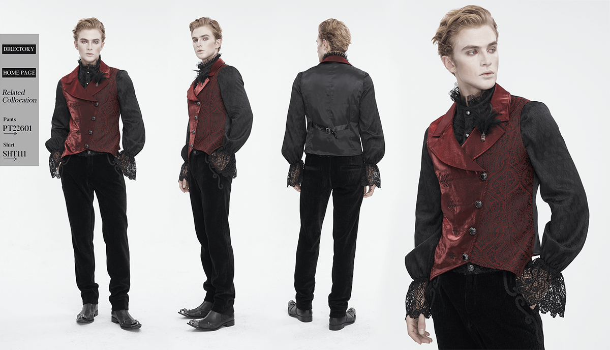 Victorian brocade men's waistcoat with feather detail, showcasing vintage elegance and tailored fit.