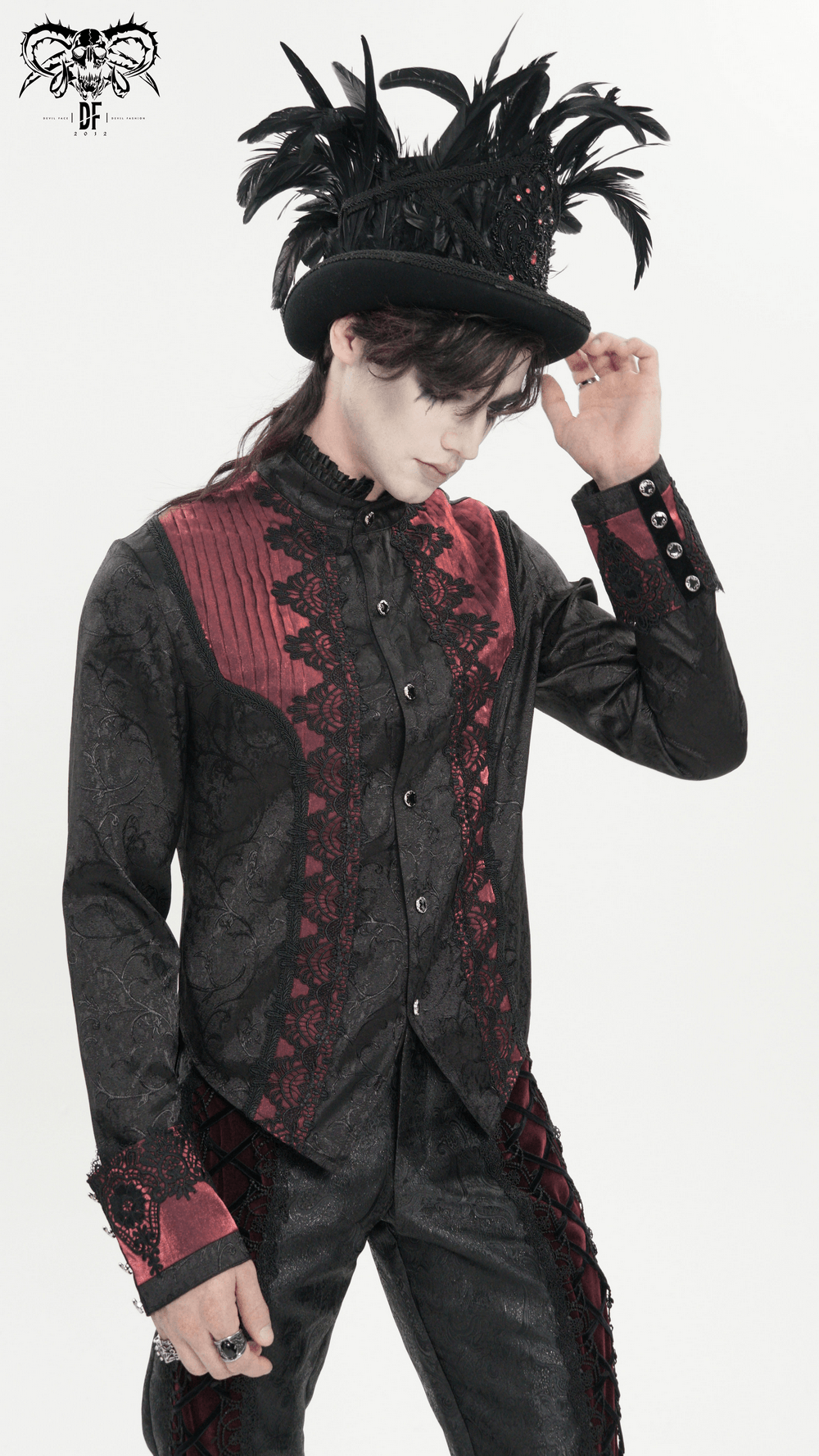Victorian Brocade Tailcoat Shirt with Ornate Metal Buttons