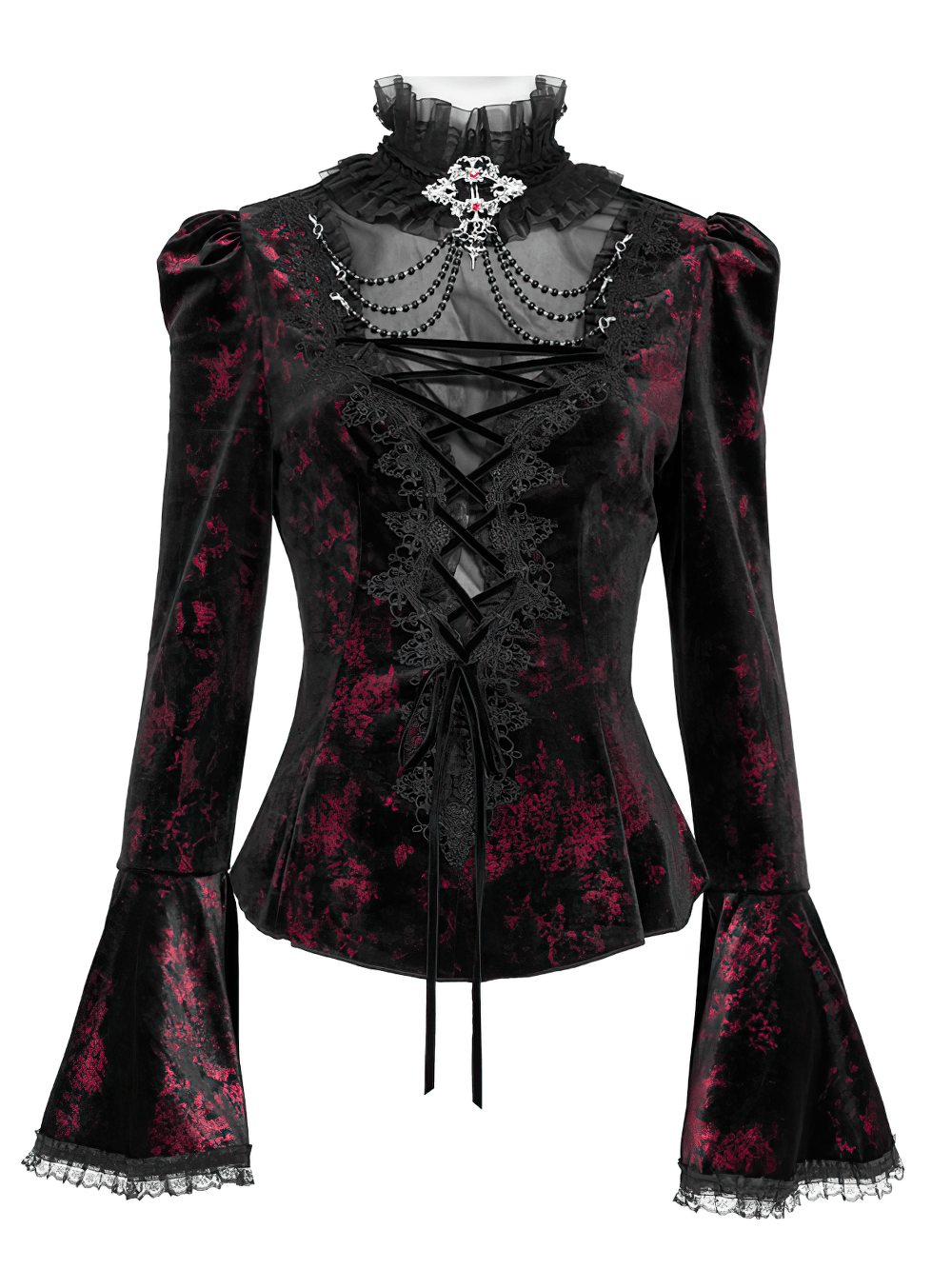 Victorian Burgundy Velvet Lace-Up Bell Sleeve Top with ruffle collar, lace trim, chains, and gothic vampire drama