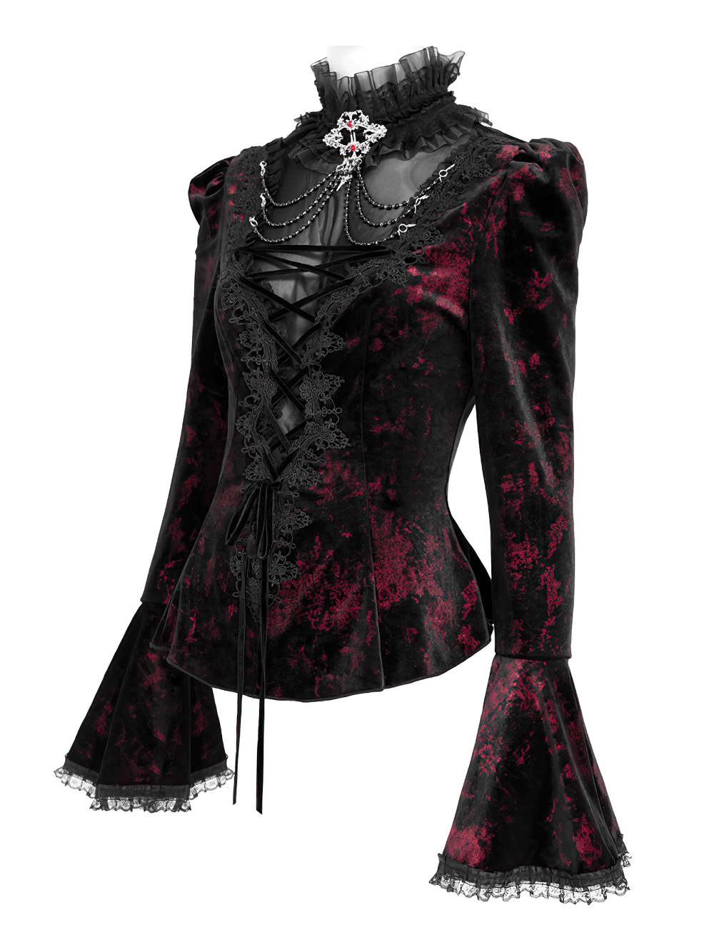 Victorian Burgundy Velvet Lace-Up Bell Sleeve Top black and burgundy goth blouse with ruffle collar, chains, and lace trim